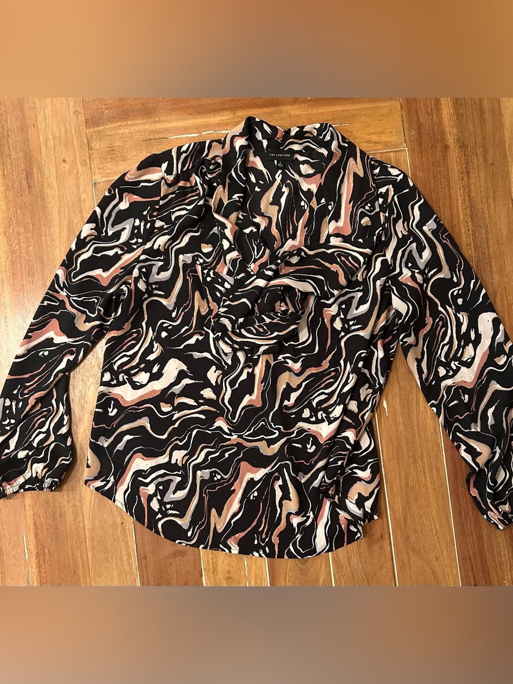 The Limited Women Black Marble Print Cowl Neck Blouse Pink Large Workwear
